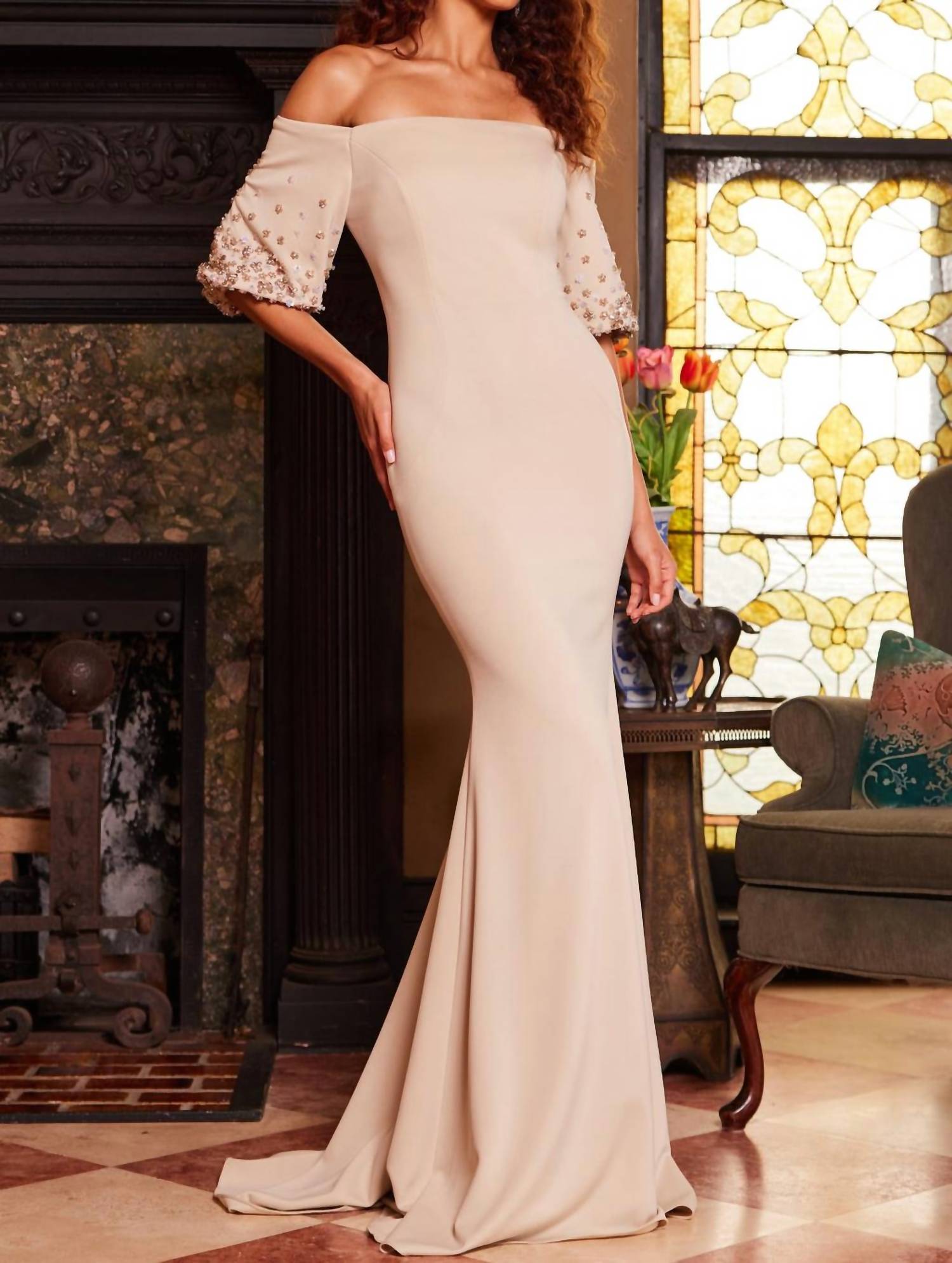 Jovani - Off Shoulder Floral Sleeve Gown