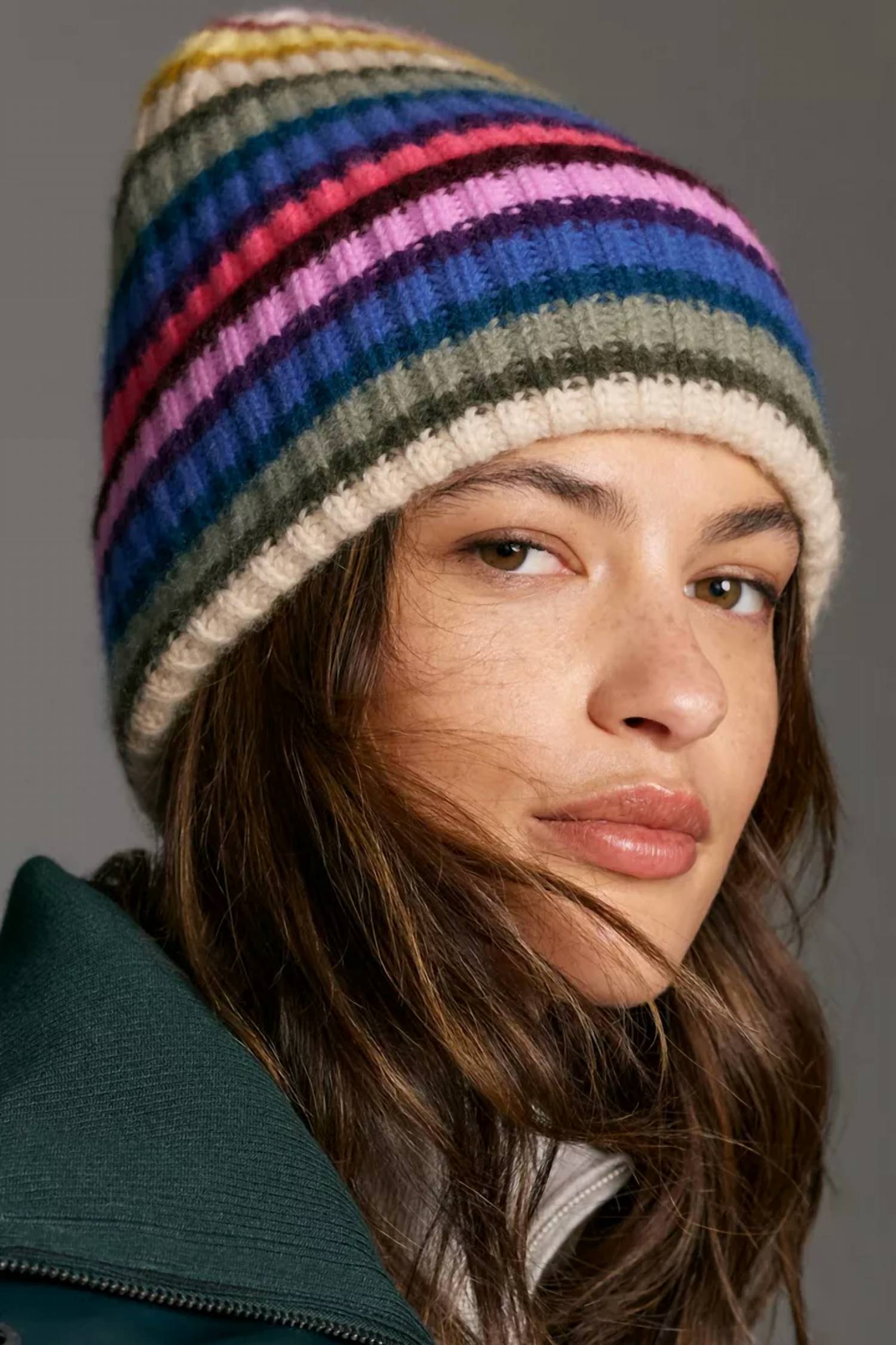 White + Warren Striped Beanie in multi - women's hat - detail view