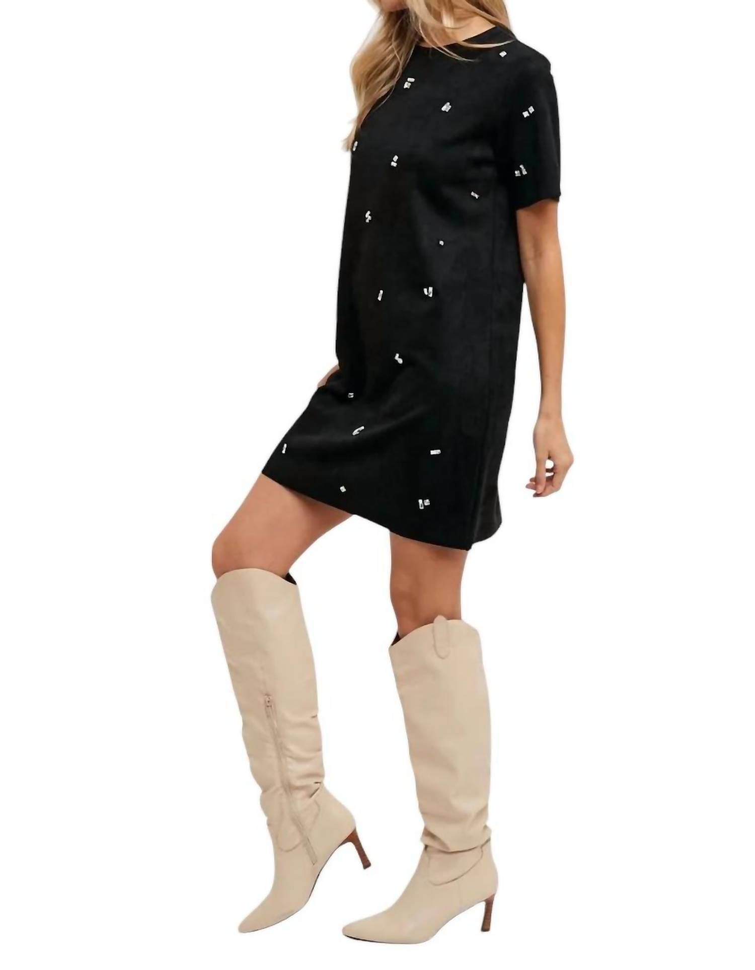 Bluivy - Elle Rhinestone Embellished Suede Shift Mini Dress