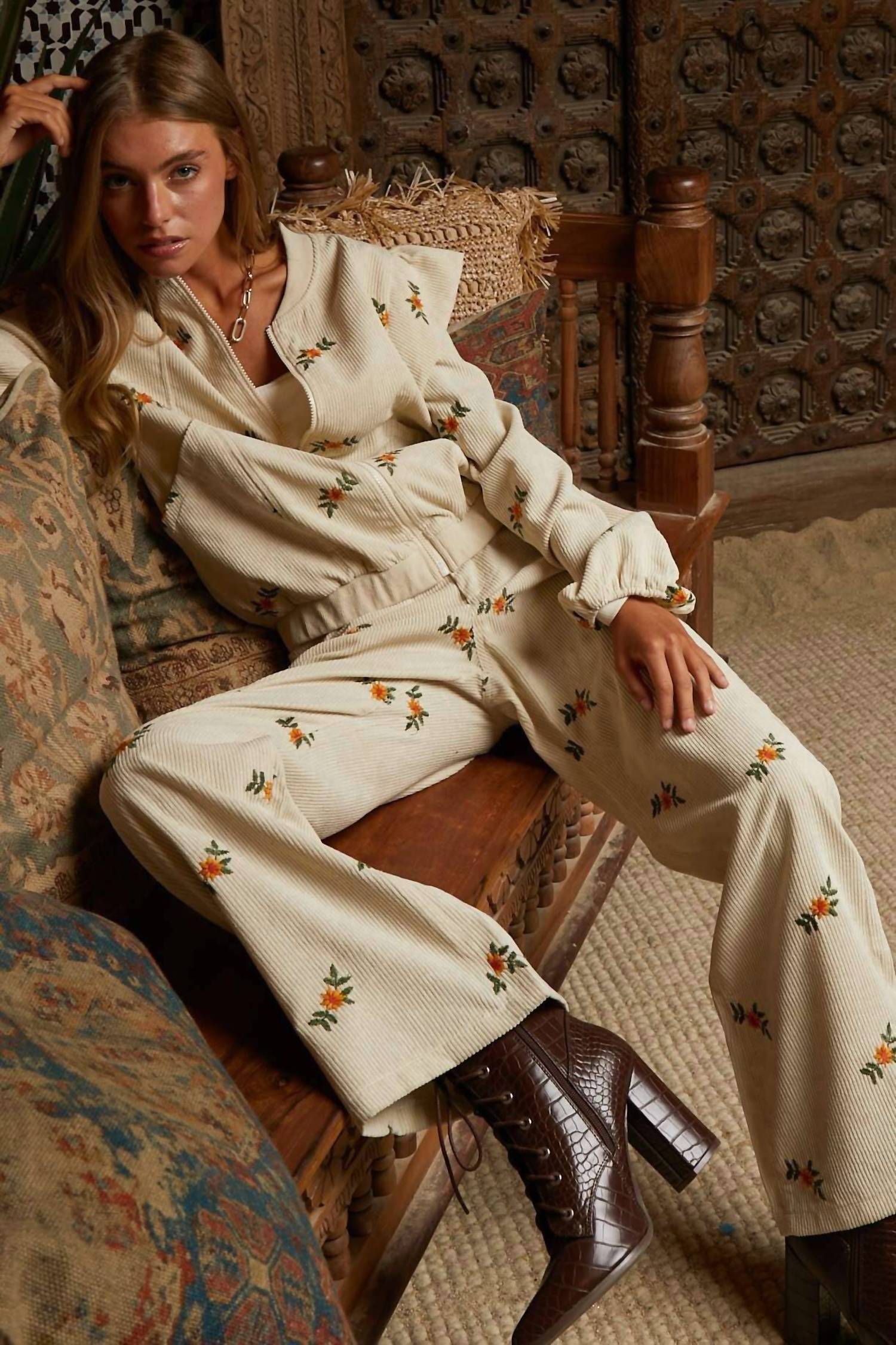 Davi & Dani - Floral Embroidered Wide Leg Pants - Plus