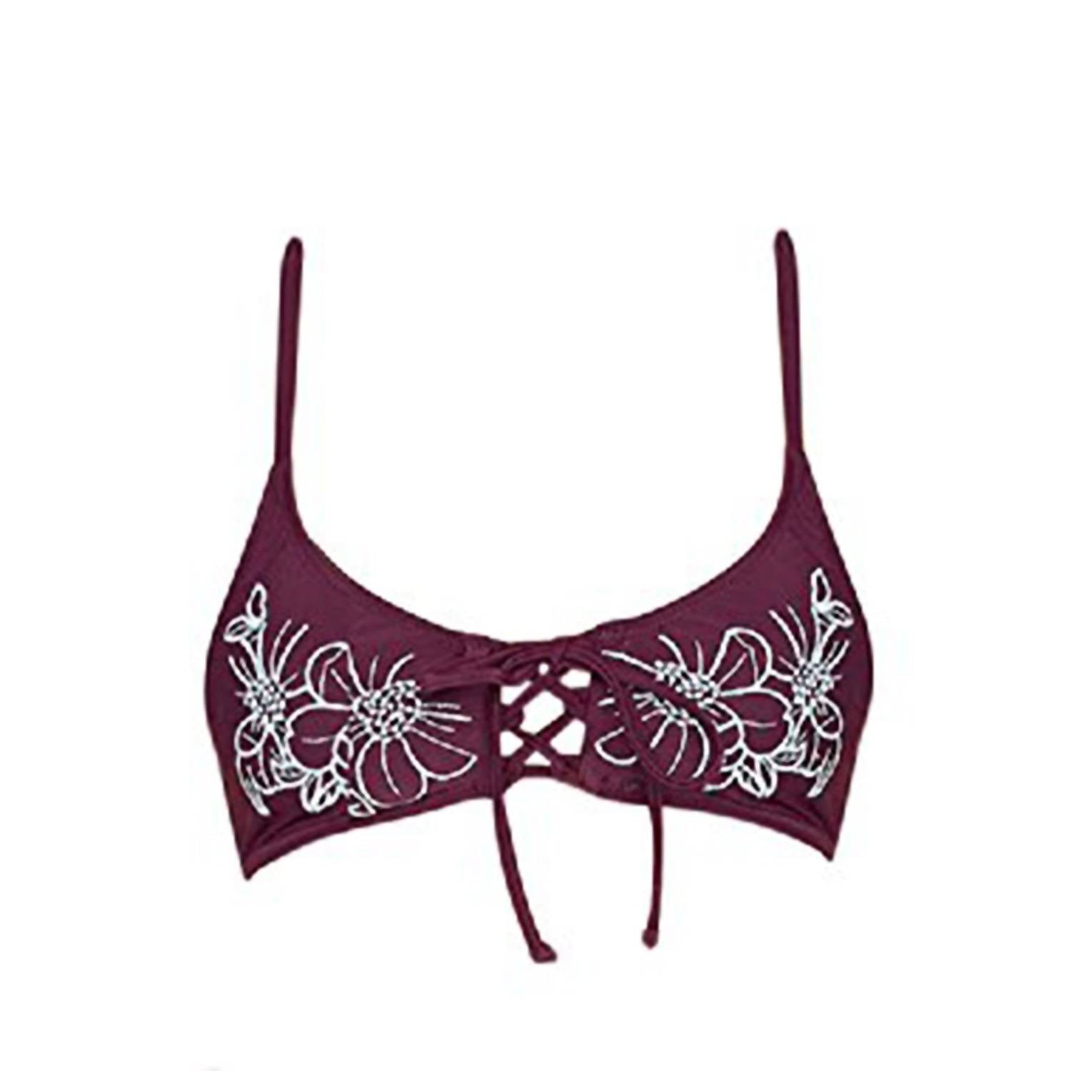 REHA LACE UP FRONT EMBROIDERED BIKINI TOP