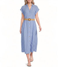 Charlie B - Yarn Dye Short Sleeves Buttoned Front Maxi Dress With Belt