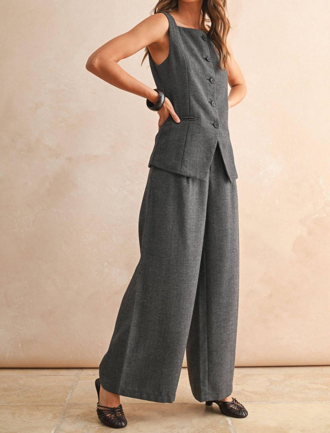 Miou Muse - Herringbone Square Neck Button Front Vest