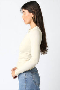 OLIVACEOUS Cassie Long Sleeve Ribbed Top in light khaki - women's long sleeve top - alternate view