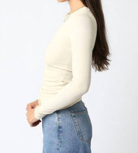 OLIVACEOUS Cassie Long Sleeve Ribbed Top in light khaki - women's long sleeve top - detail view