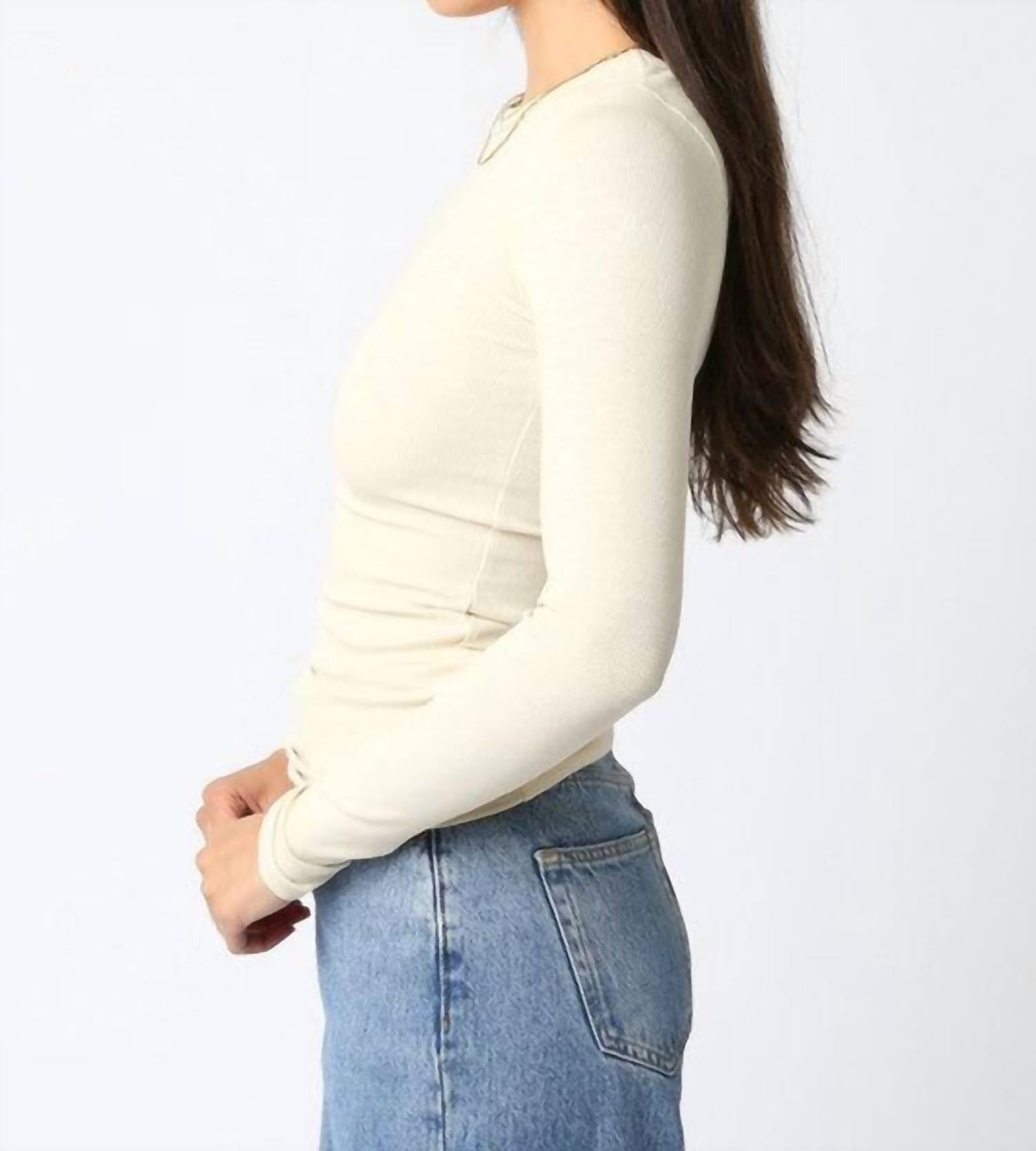OLIVACEOUS Cassie Long Sleeve Ribbed Top in light khaki - women's long sleeve top - detail view