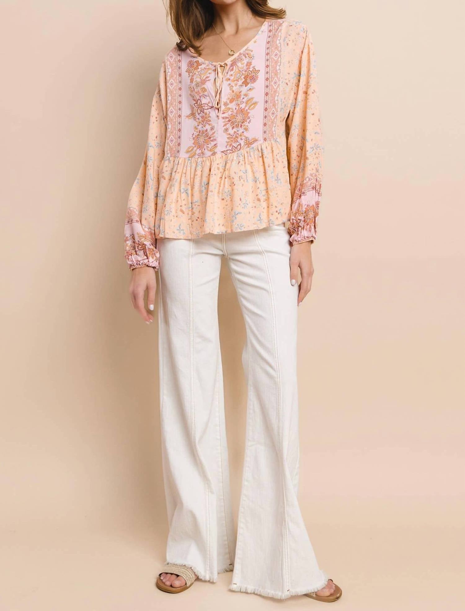 Wisteria Lane - Boho Paisley Peasant Top With Balloon Sleeves