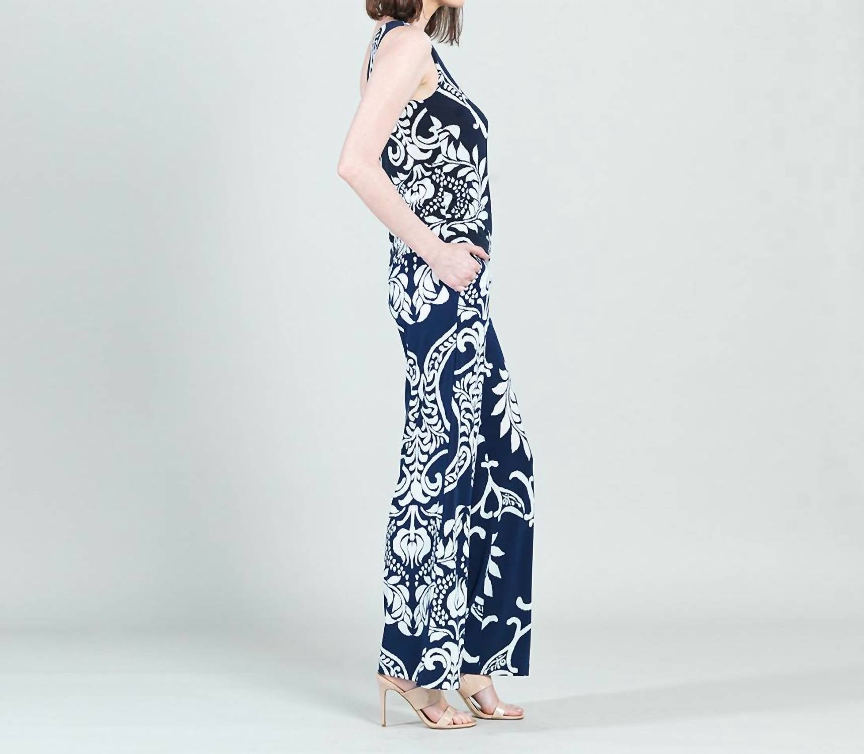 Clara Sun Woo one shoulder top in navy white print - women's tank top - detail view