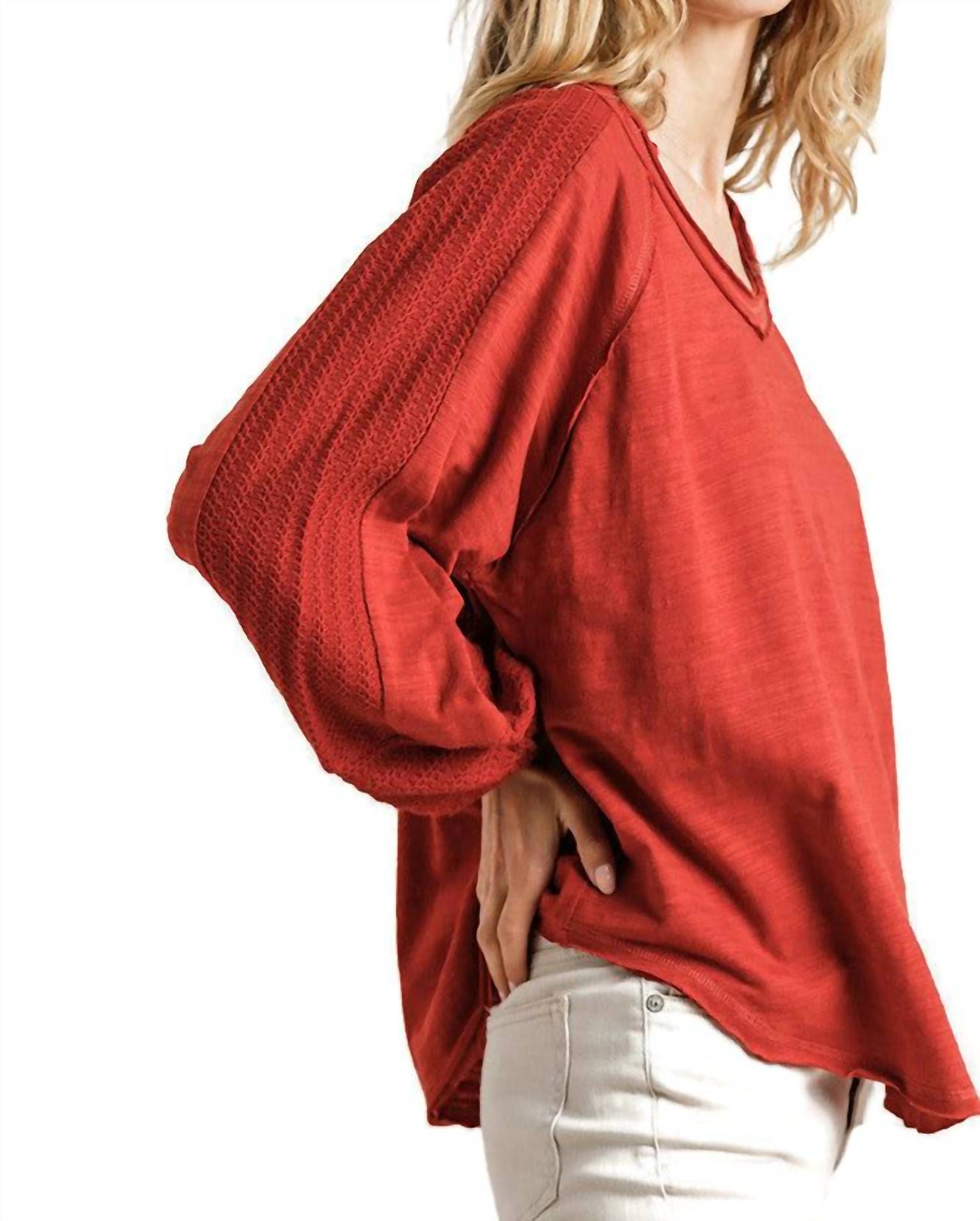 Umgee - Contrast Knit Puff Sleeve Top