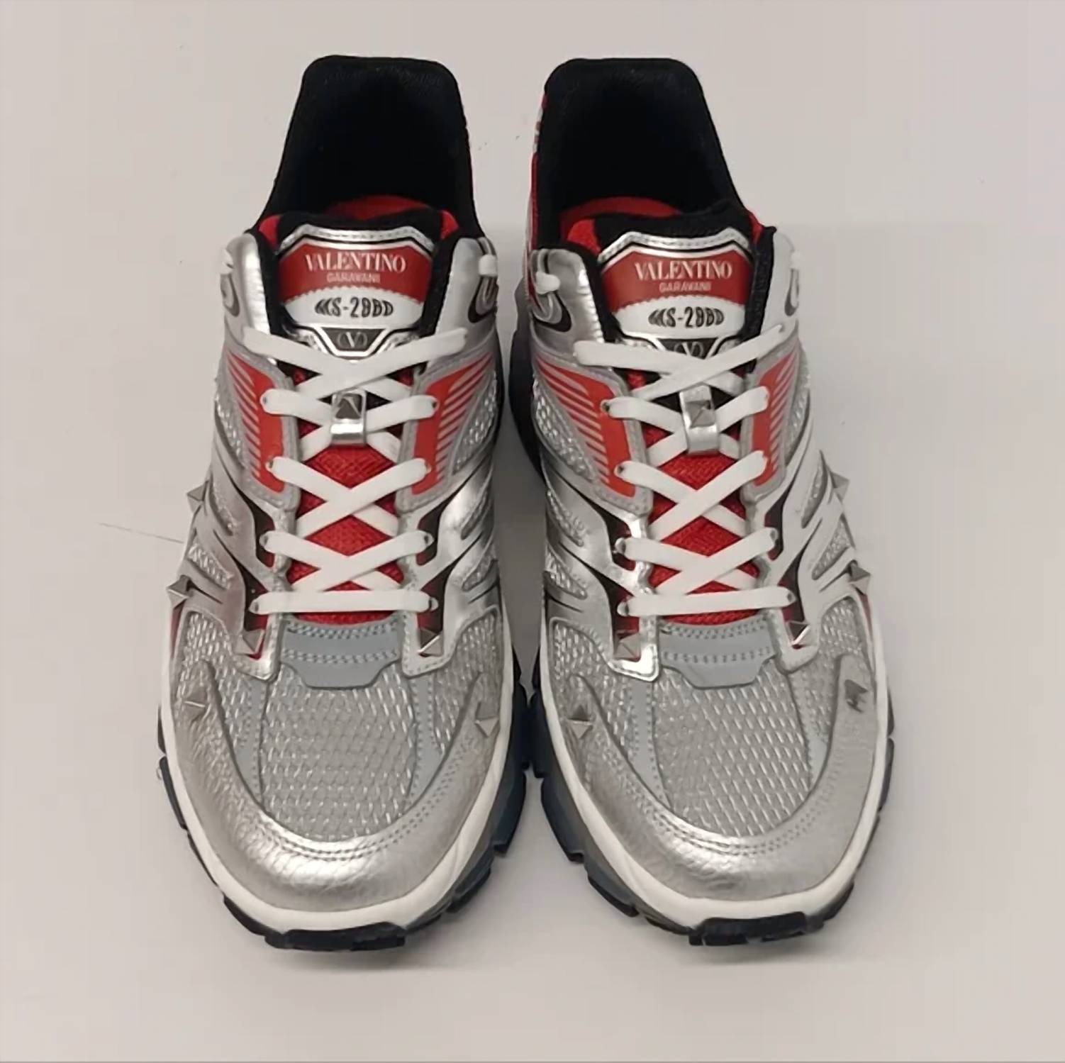 Valentino Garavani Men's Studded Mesh Runner Sneakers in silver red - men's sneaker - detail view
