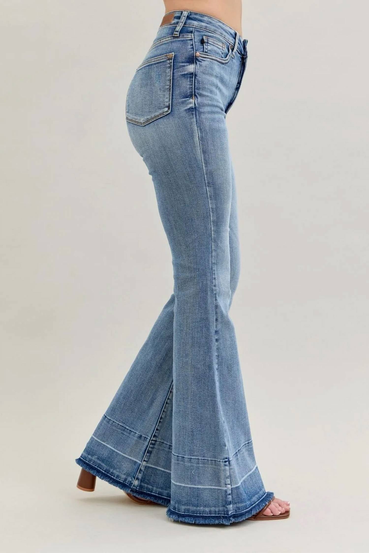 Judy Blue - High Waist Contrast Tummy Control Release Hem Flare Jeans