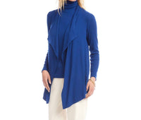 Karen Kane Long Sleeve Ribbed Drape Front Cardigan in indigo - women's cardigan - detail view