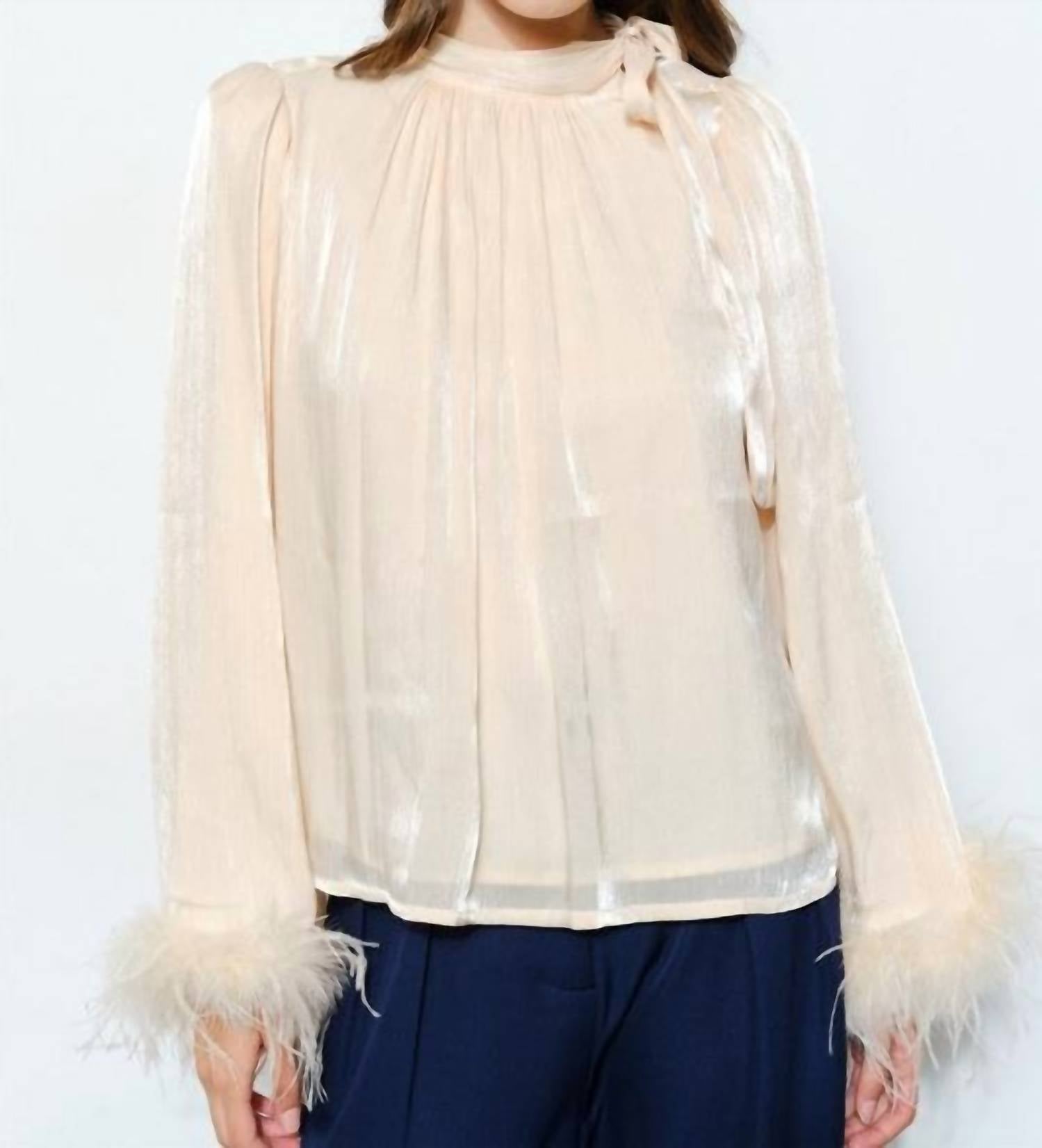 Skies Are Blue - Delphine Metallic Shimmer Bow Tie Feather Hem Blouse Top
