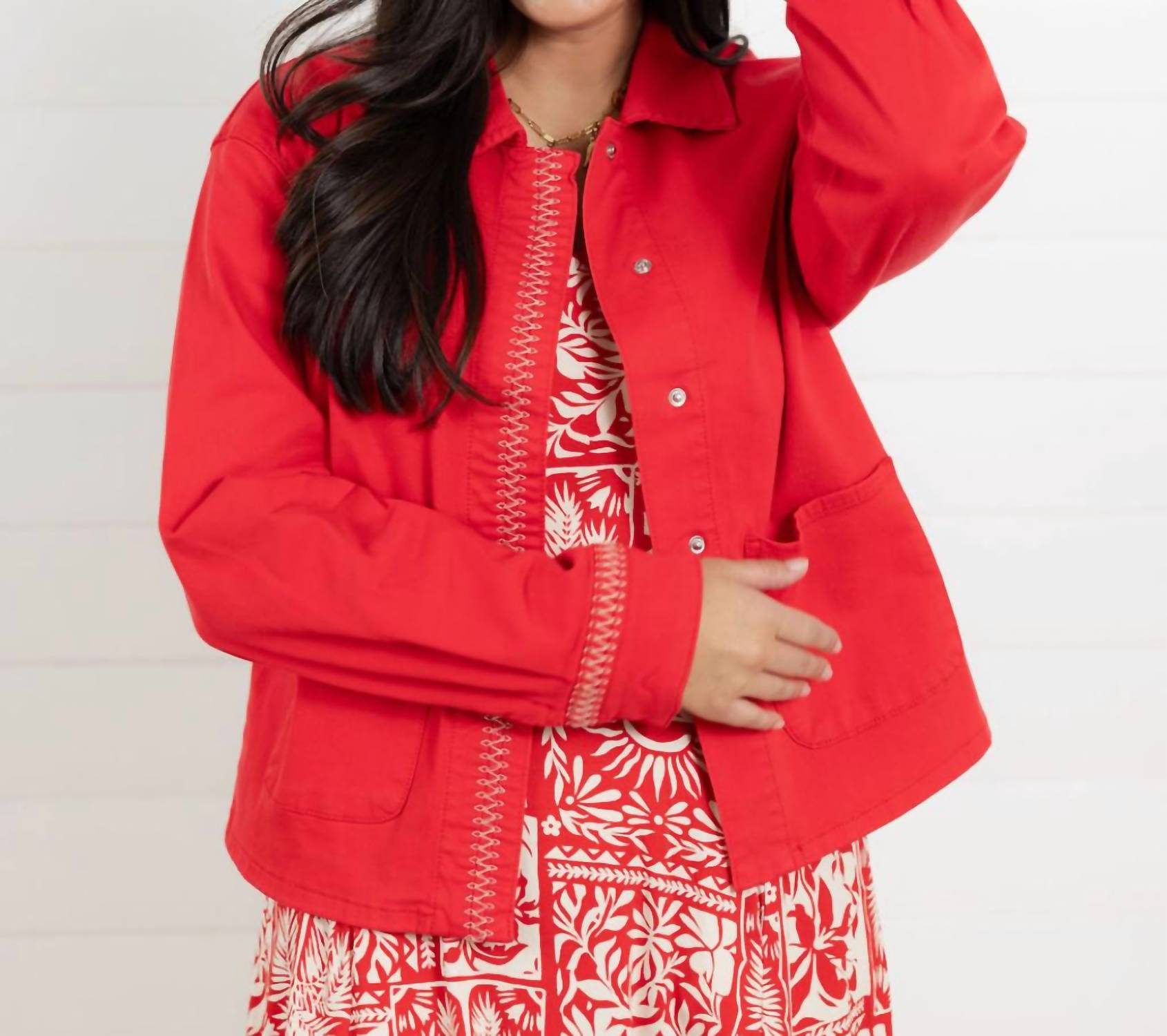 TRIBAL Embroidered Placket Jacket in sangria - women's jacket