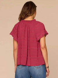 Democracy - Short Sleeve Ruffle Split Neck Embroidered Woven Top
