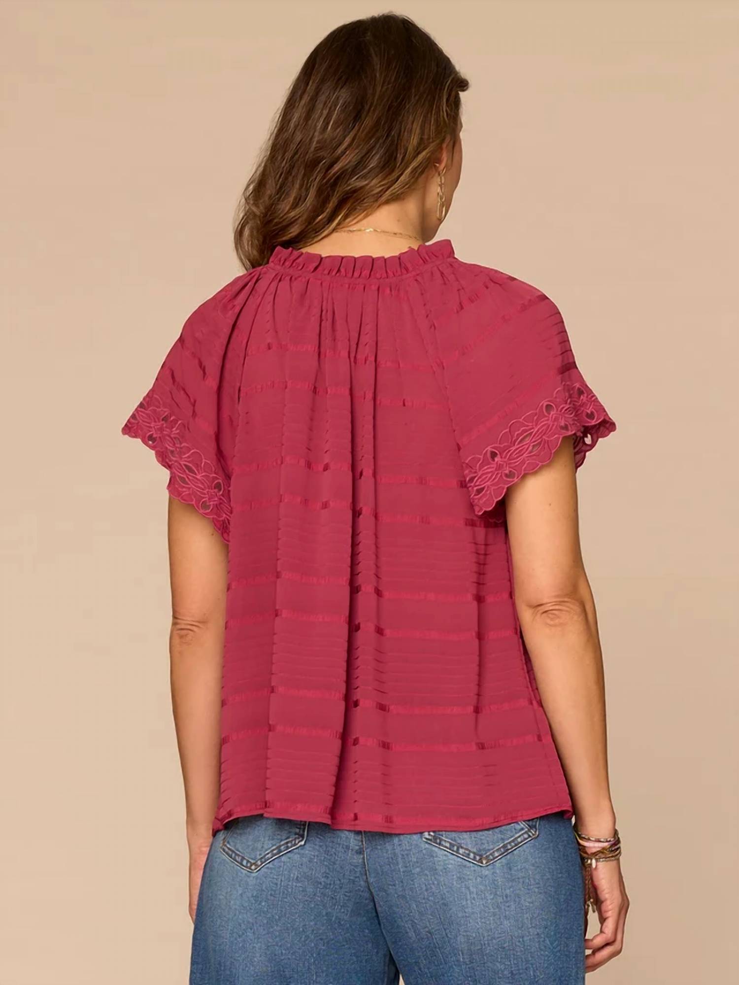 Democracy - Short Sleeve Ruffle Split Neck Embroidered Woven Top