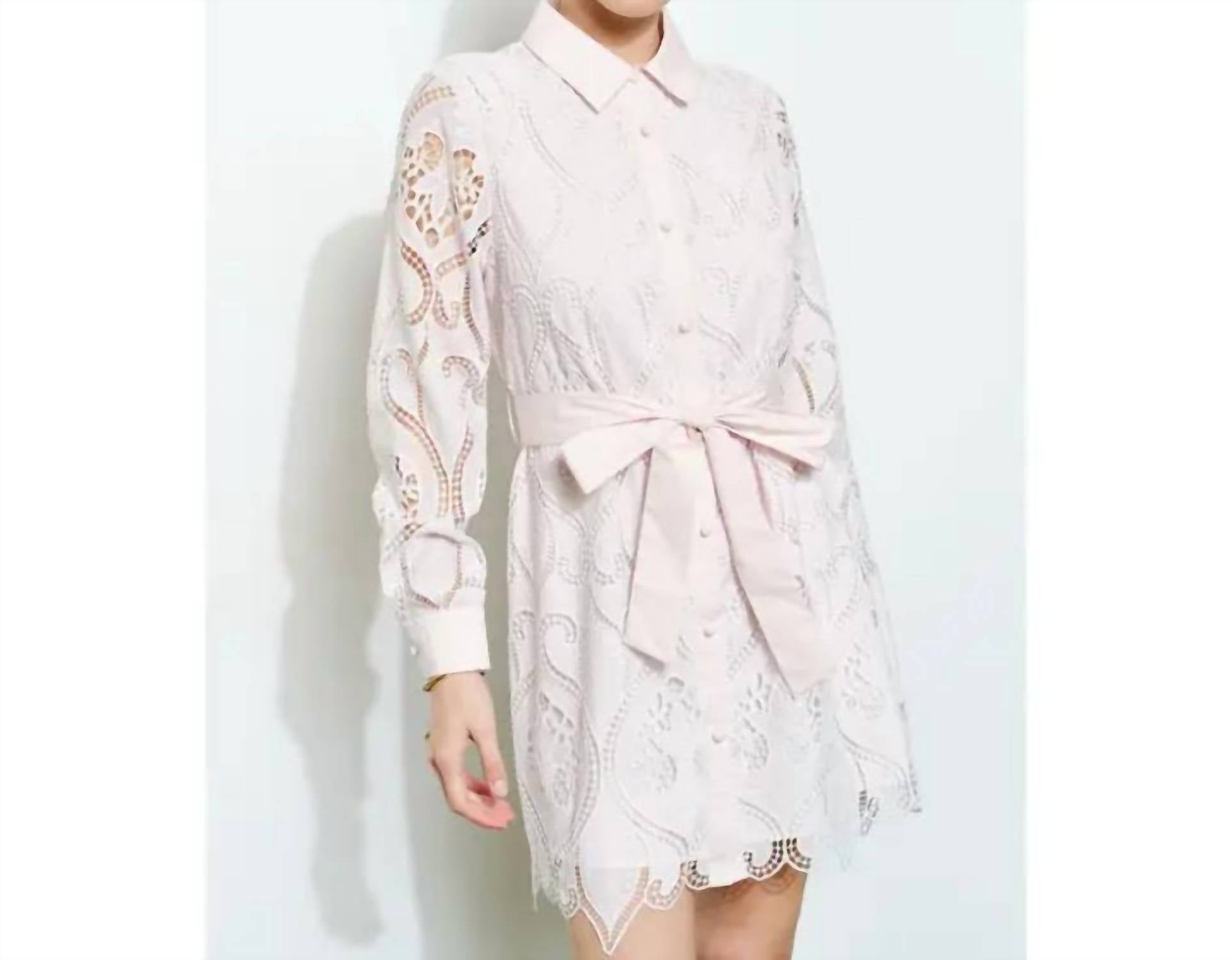 Ina Fashion - Lace Embroidered Waist Tie Long Sleeve Mini Dress