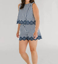 Skies Are Blue - Sleeveless Striped Top With Embroidery Hem