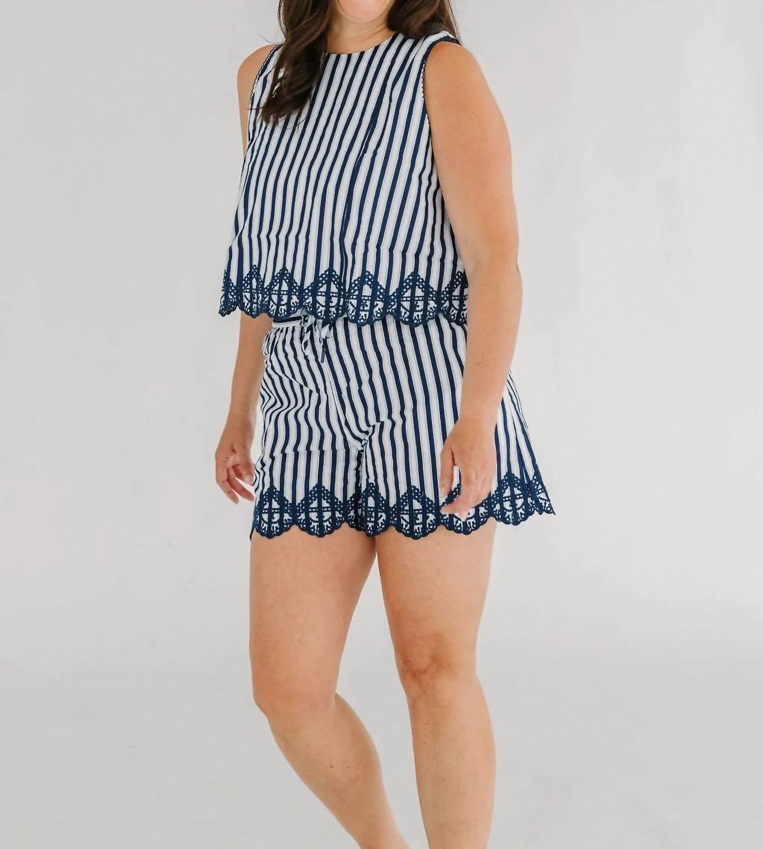 Skies Are Blue - Sleeveless Striped Top With Embroidery Hem