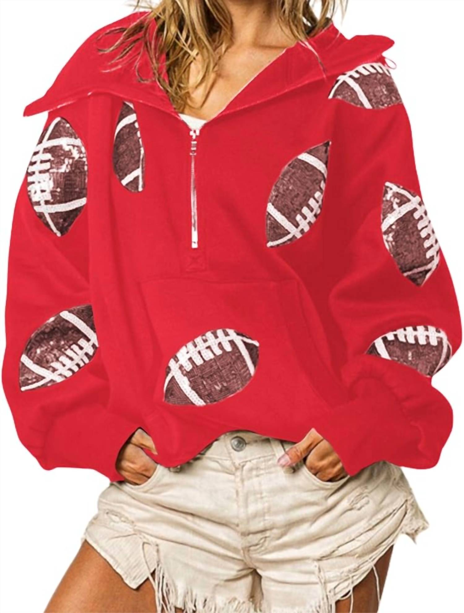 Bibi - Football Sequin Patches Half Zip Hoodie