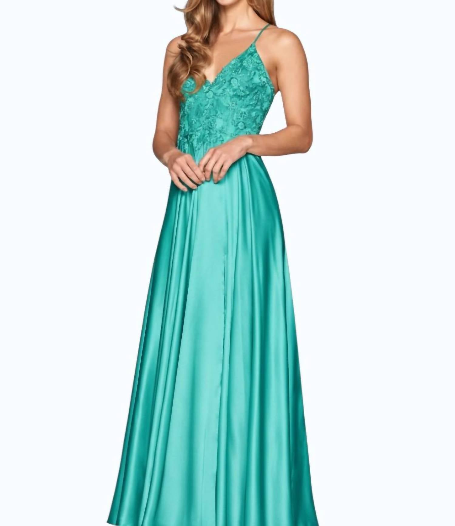 FAVIANA Beaded Bodice A-line Gown in teal - women's dress