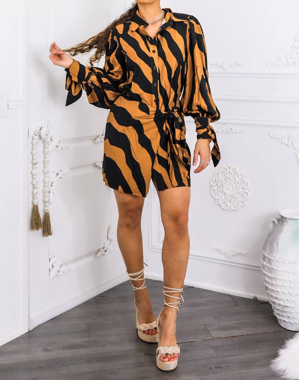 Surelymine - Bold Tiger Stripe Wrap Shirt Dress Balloon Sleeve Mini