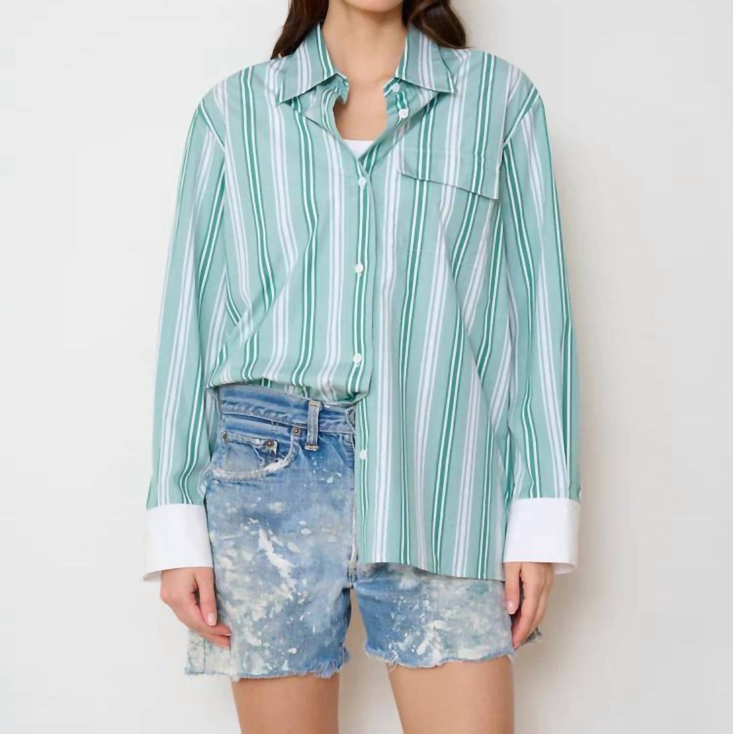 WE-AR4 Haze 70s-inspired Shirt in green stripe - women's long sleeve top - detail view