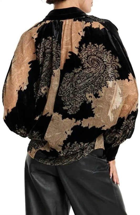 Ciebon - Printed Velvet Burnout Batwing Button Down Top