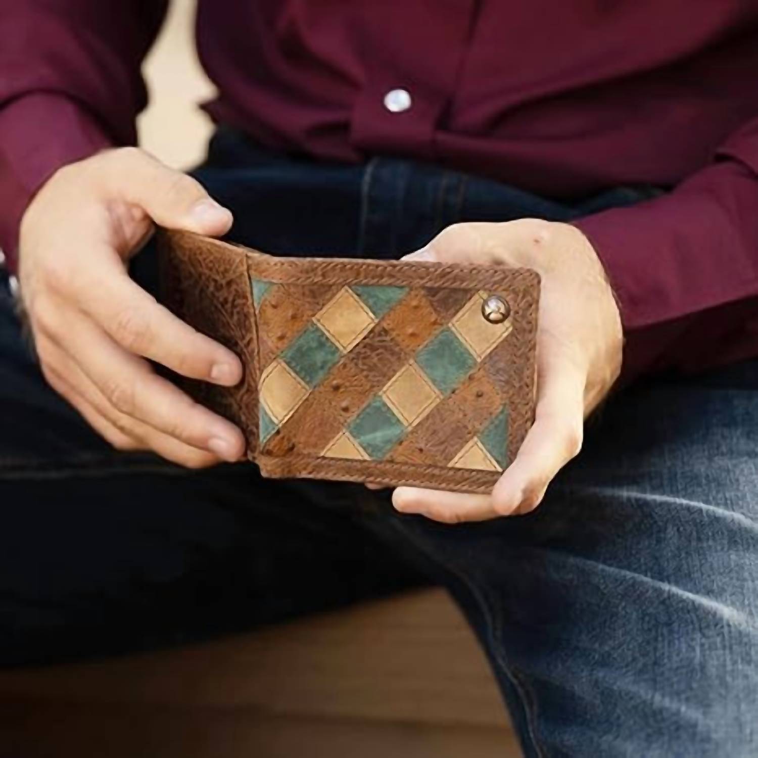 Hooey - Men's Roughy Ostrich Print Leather Diamond Patchwork Bifold Wallet