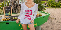Wooden Ships Chips Salsa Margs Repeat Crew Top in white rose - women's long sleeve top - detail view