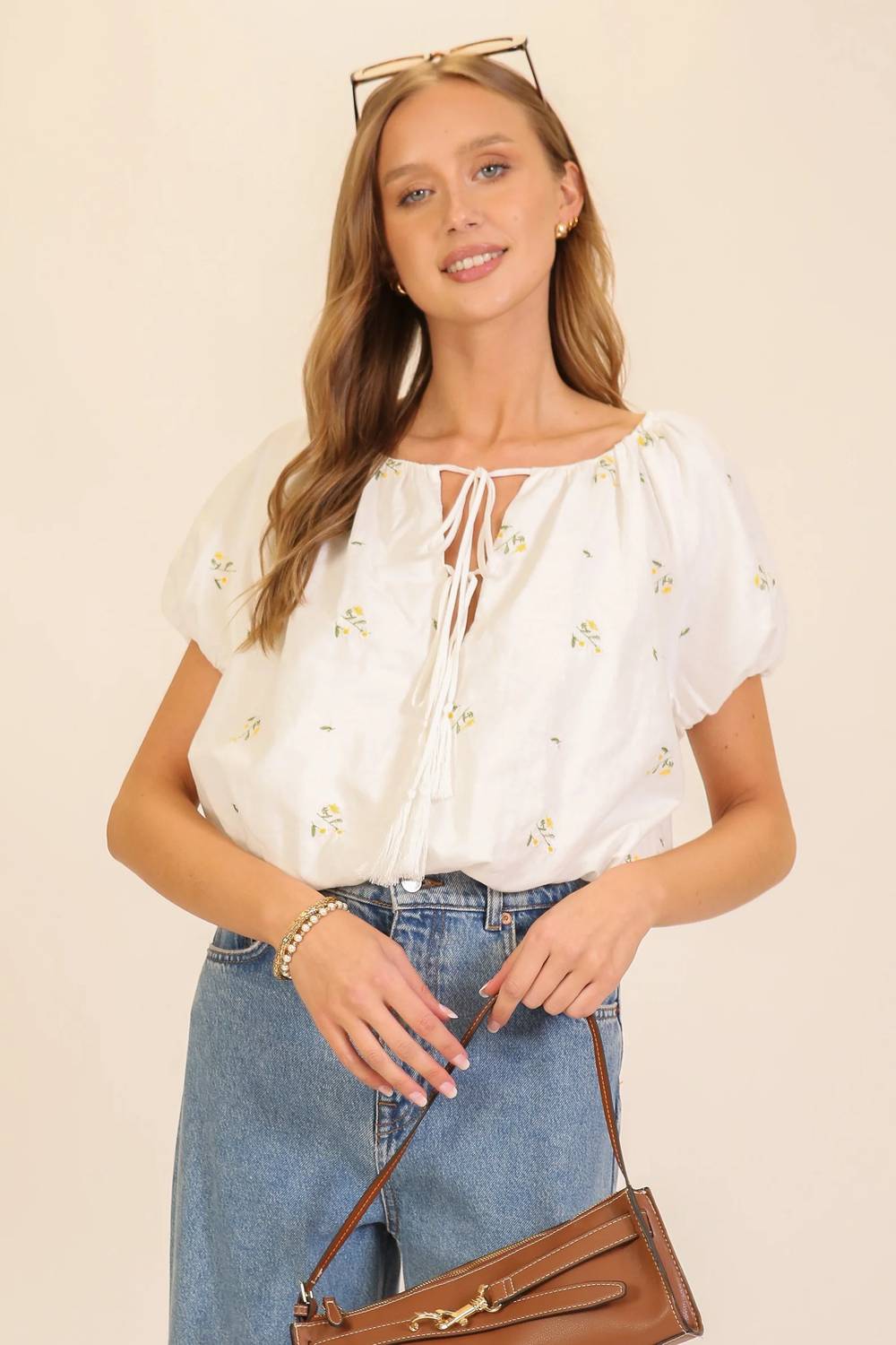 Lumiere - Meadow Bloom Tie-neck Puff Sleeve Top