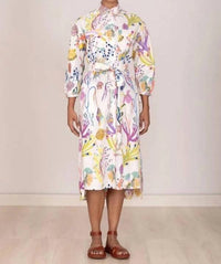 BANJANAN Gemma Belted Button-down Midi Dress in marine mirage - women's dress