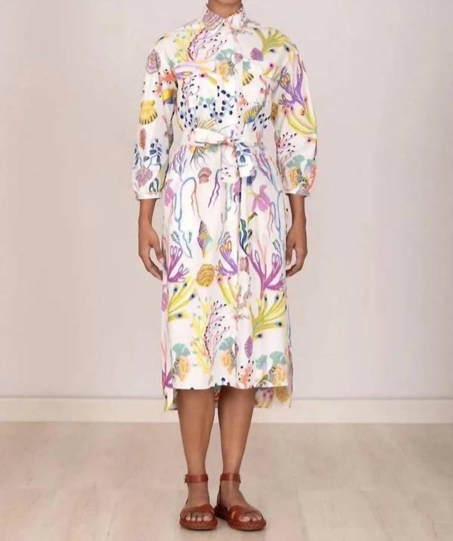 BANJANAN Gemma Belted Button-down Midi Dress in marine mirage - women's dress