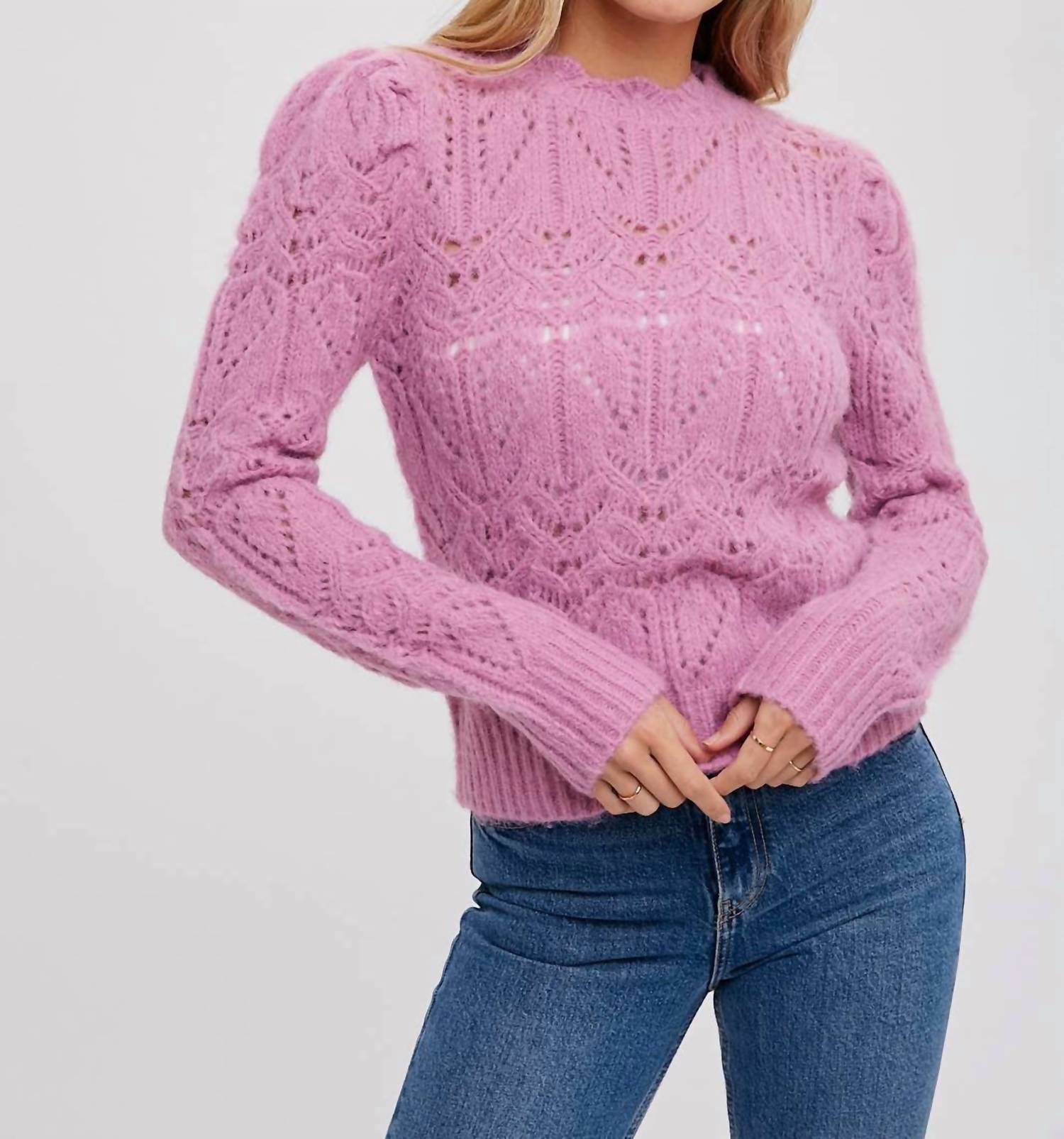 BluIvy Puff Sleeve Pointelle Pullover in rose - women's sweater