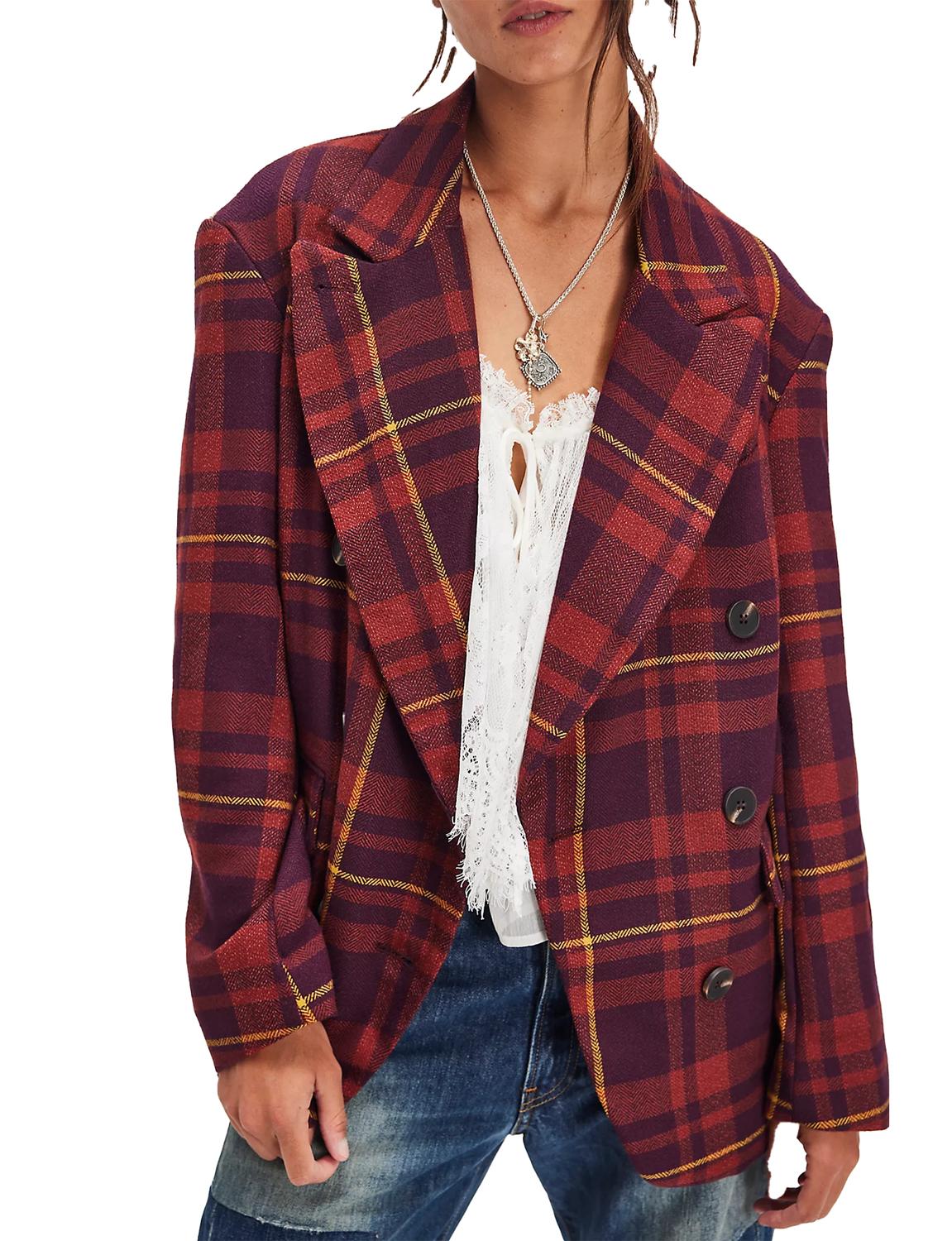 Free People Dean Double-breasted Blazer in plum combo 1 - women's jacket