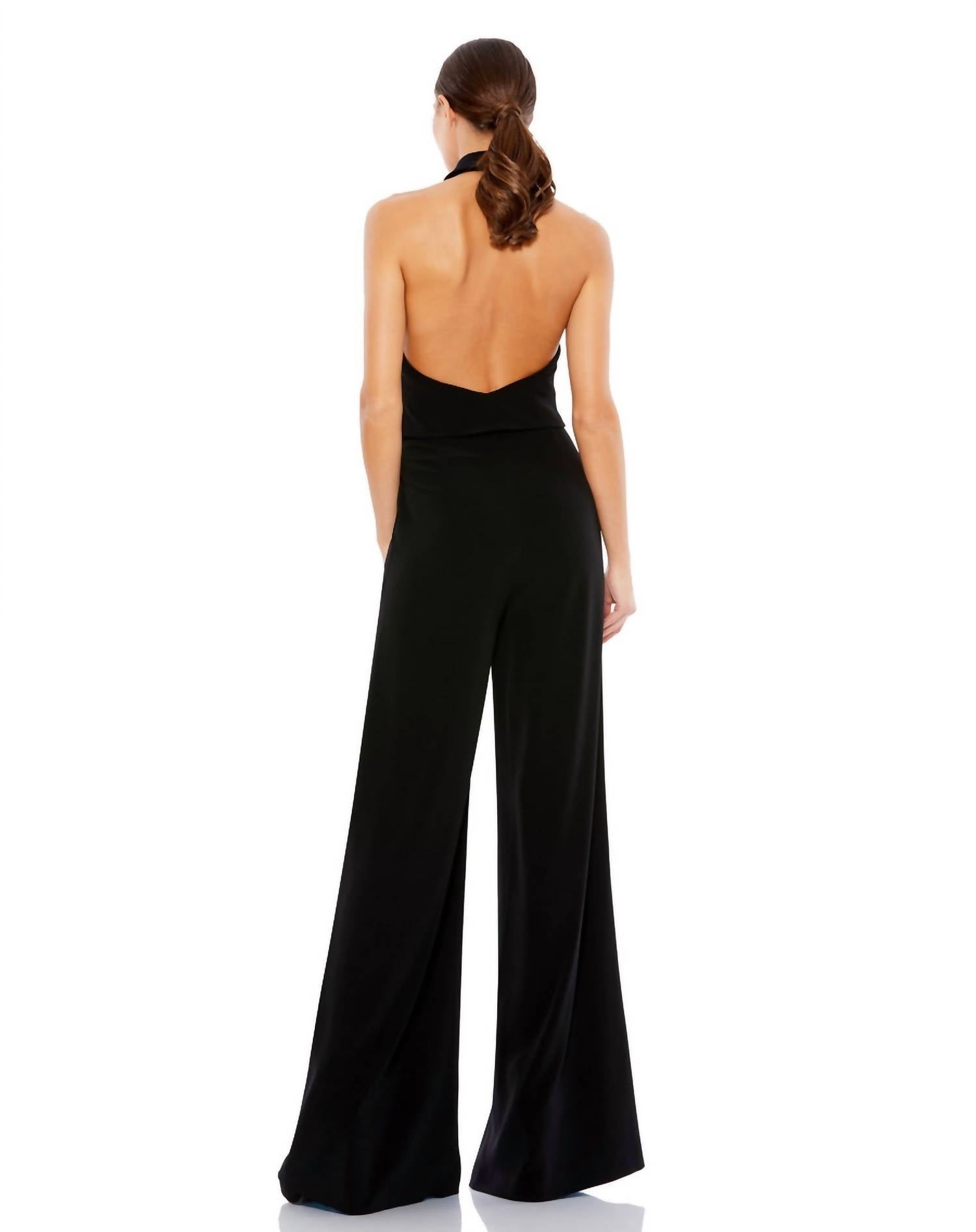 Ieena for Mac Duggal Tuxedo Halter Jumpsuit in black - women's pants - detail view