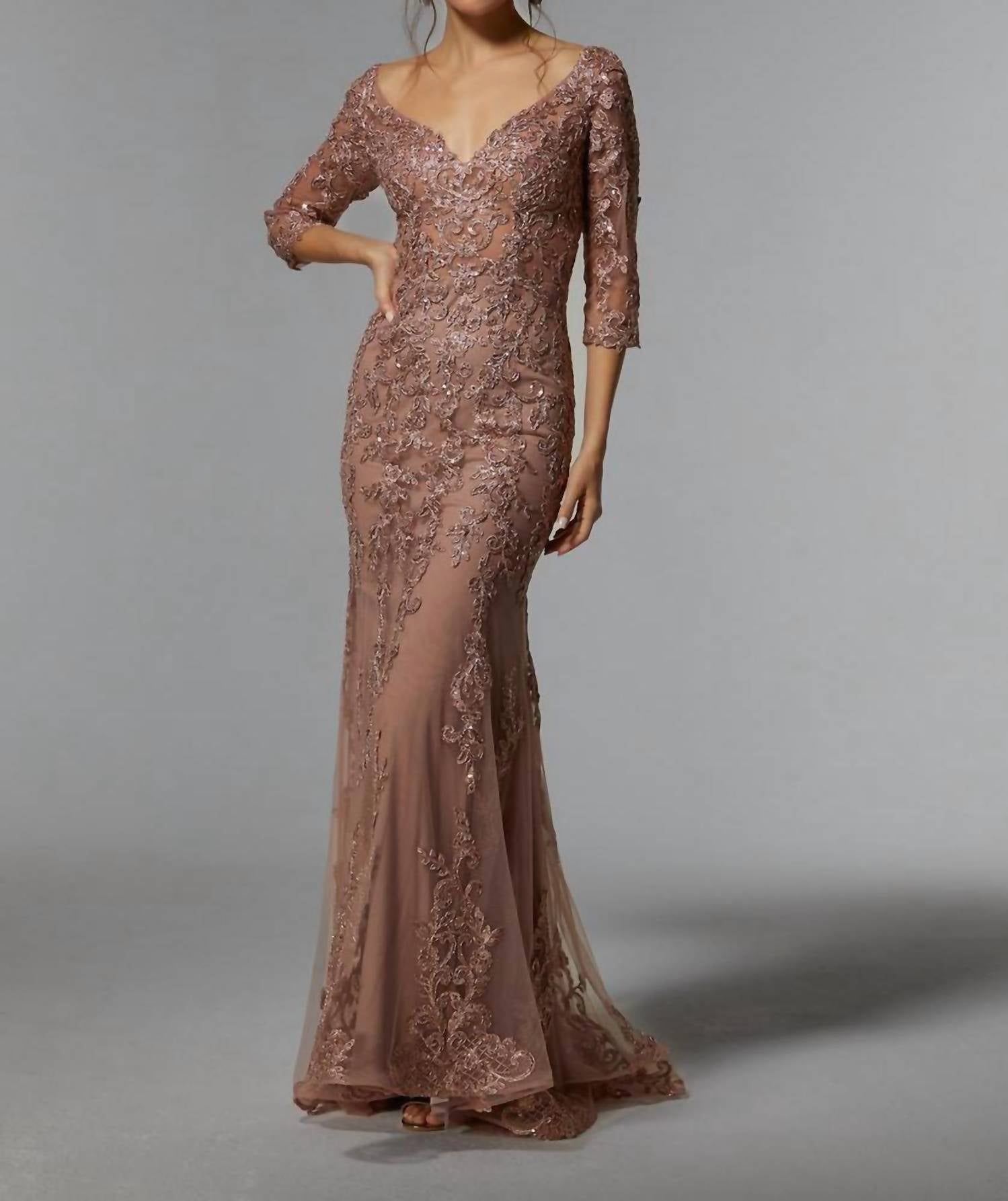 MGNY Frosted Metallic Lace Sheath Evening Gown in rose gold - women's dress