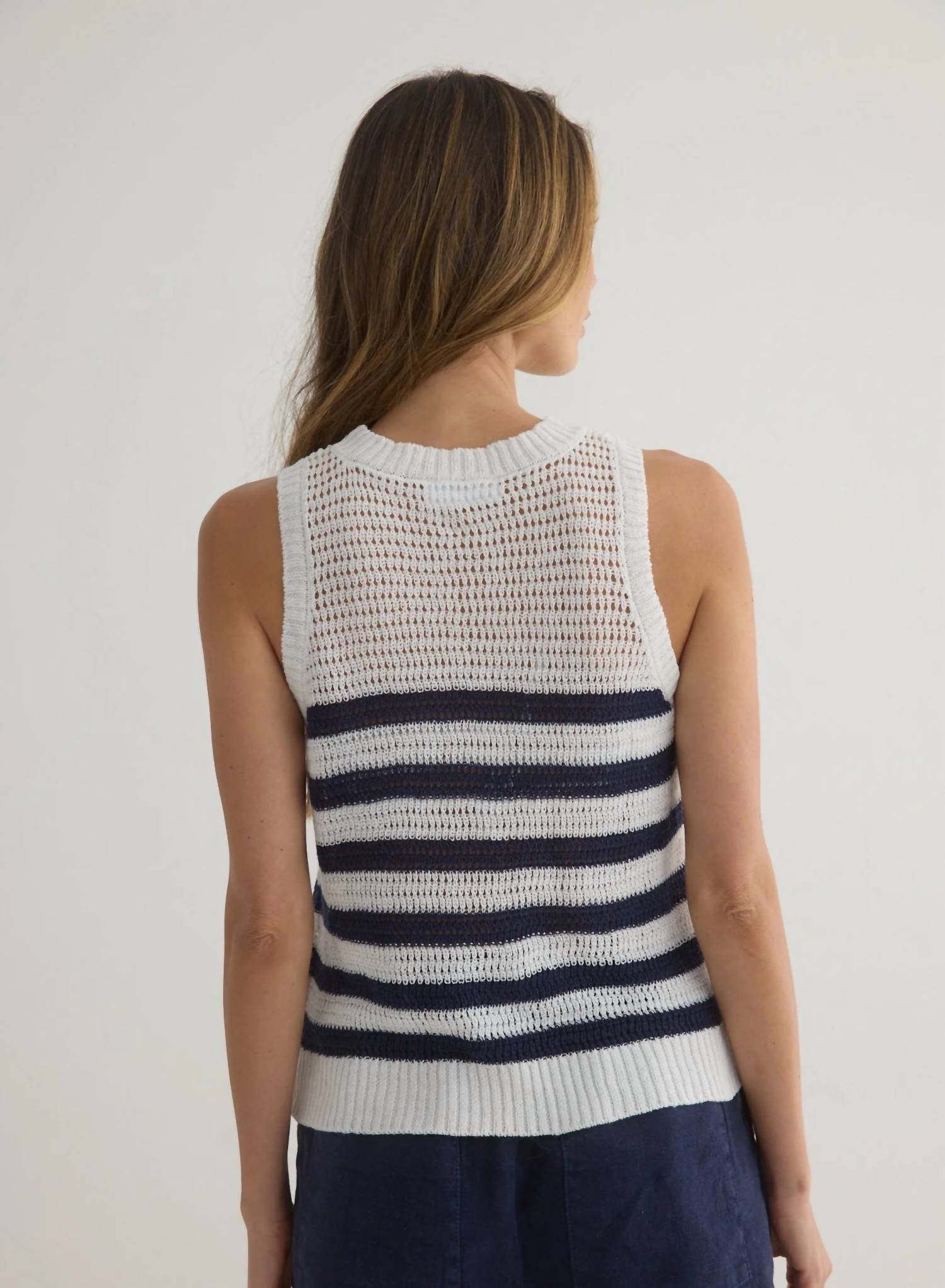 Bella Dahl Sleeveless Crew Neck Top in white and navy stripe - women's tank top - alternate view
