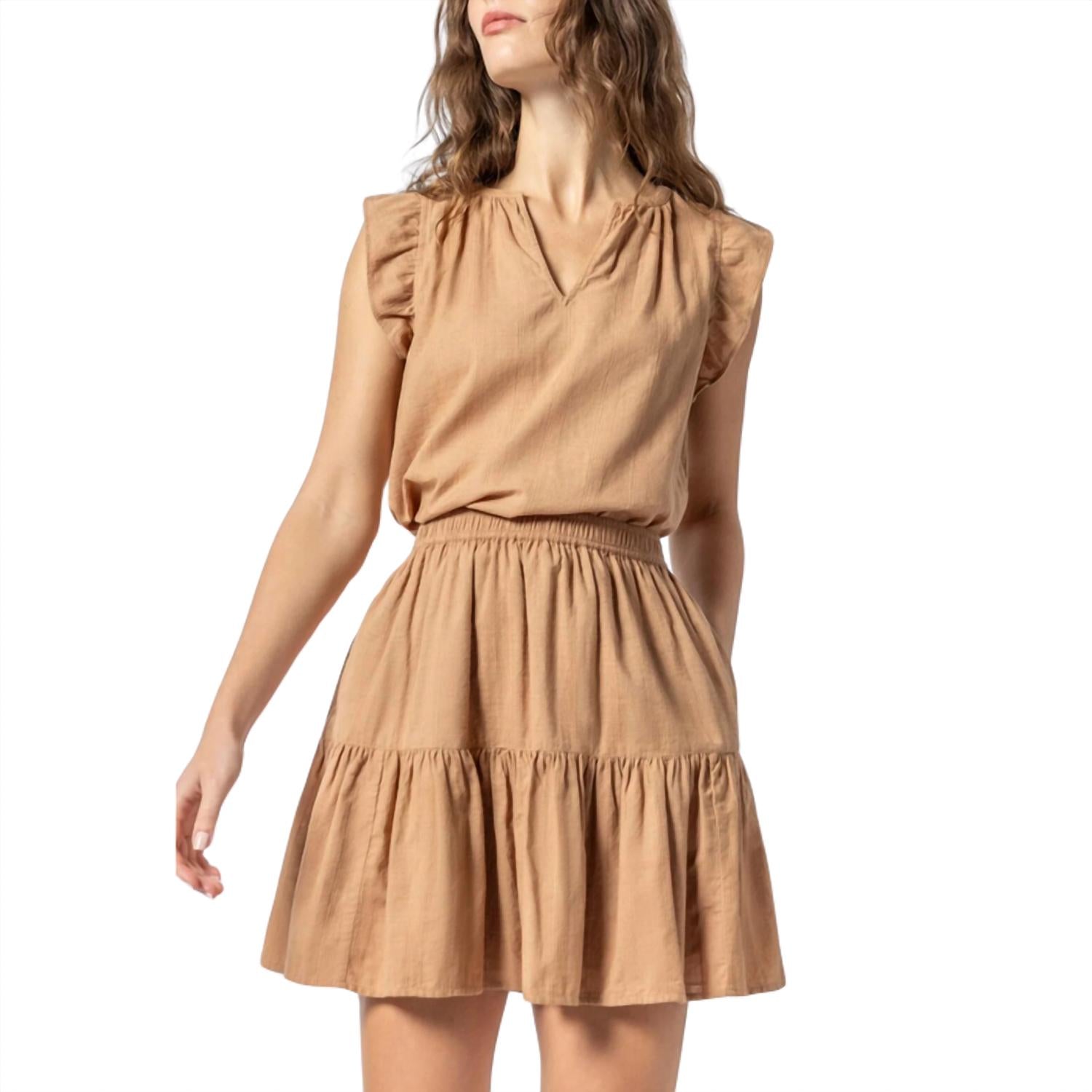 Lilla P Women's Flutter Sleeve Split Neck Top in beechwood - women's tank top - alternate view