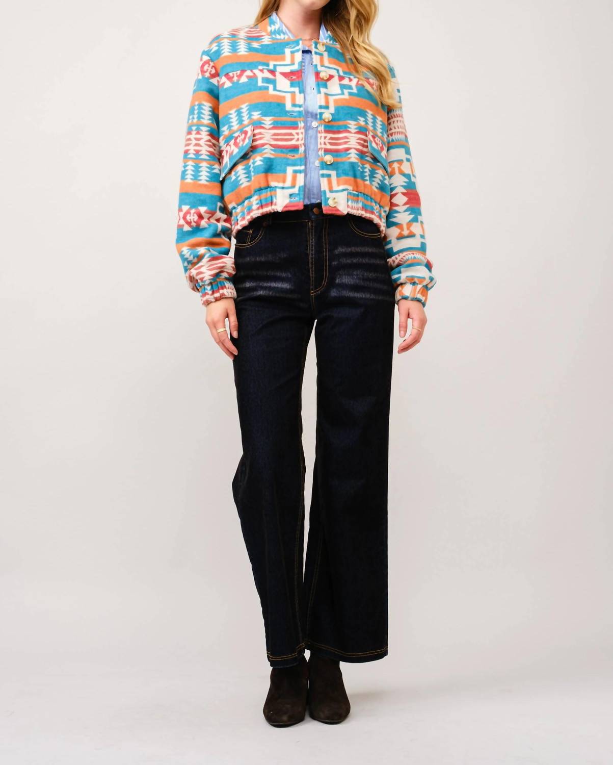 Blue B - Jacquard Aztec Snap Up Bomber Jacket