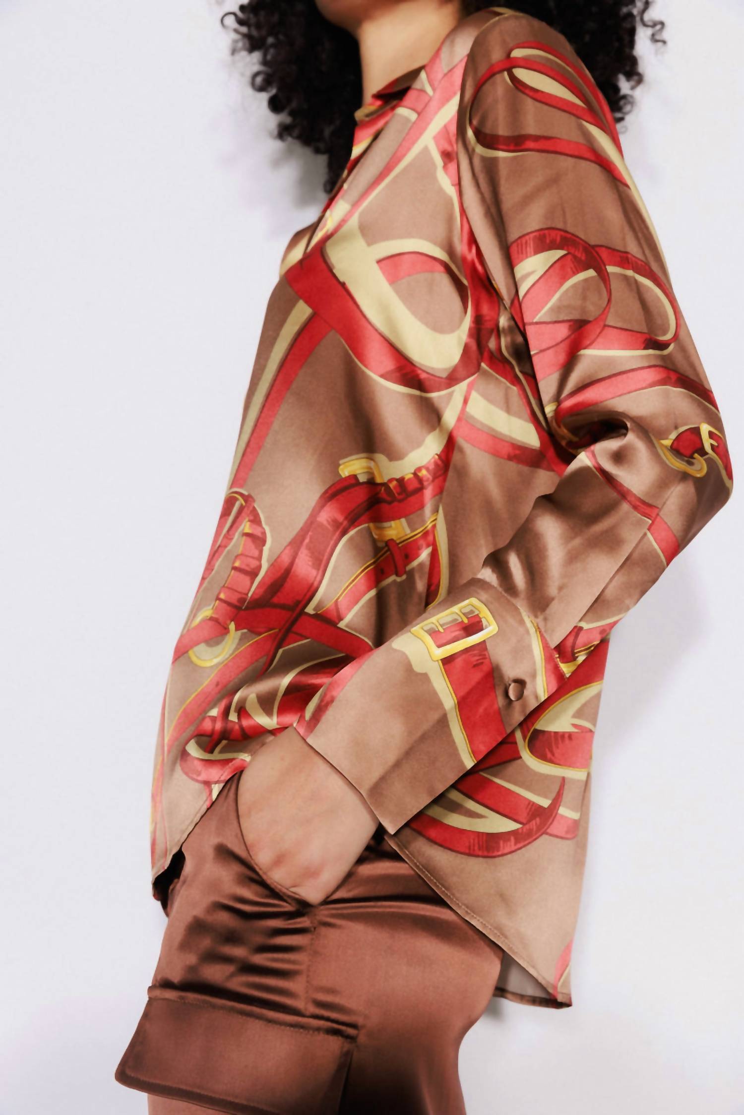 catherine gee Daria French Cuff Silk Blouse in equestrian - women's blouse - detail view