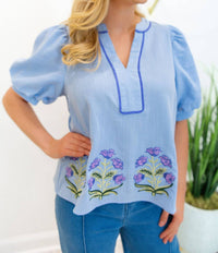 Entro - Floral Embroidered Short Puff Sleeve Top