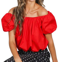 Vine & Love Bubble Sleeve Cotton Balloon Bottom Top in red - women's blouse - alternate view