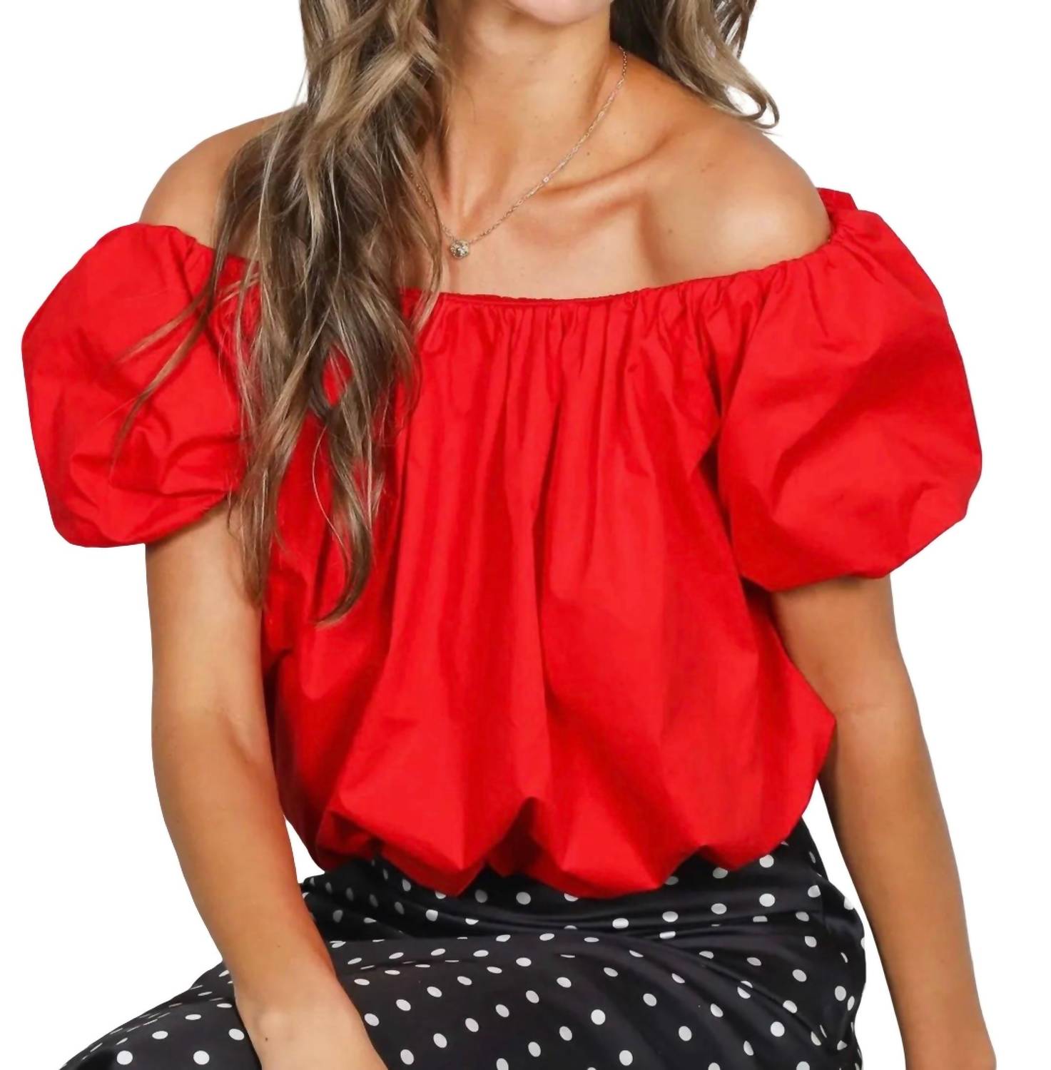 Vine & Love Bubble Sleeve Cotton Balloon Bottom Top in red - women's blouse - alternate view