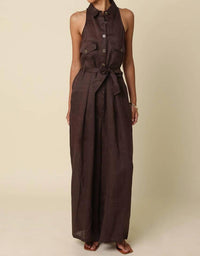Olivaceous - Eve Utility Belted Linen Jumpsuit