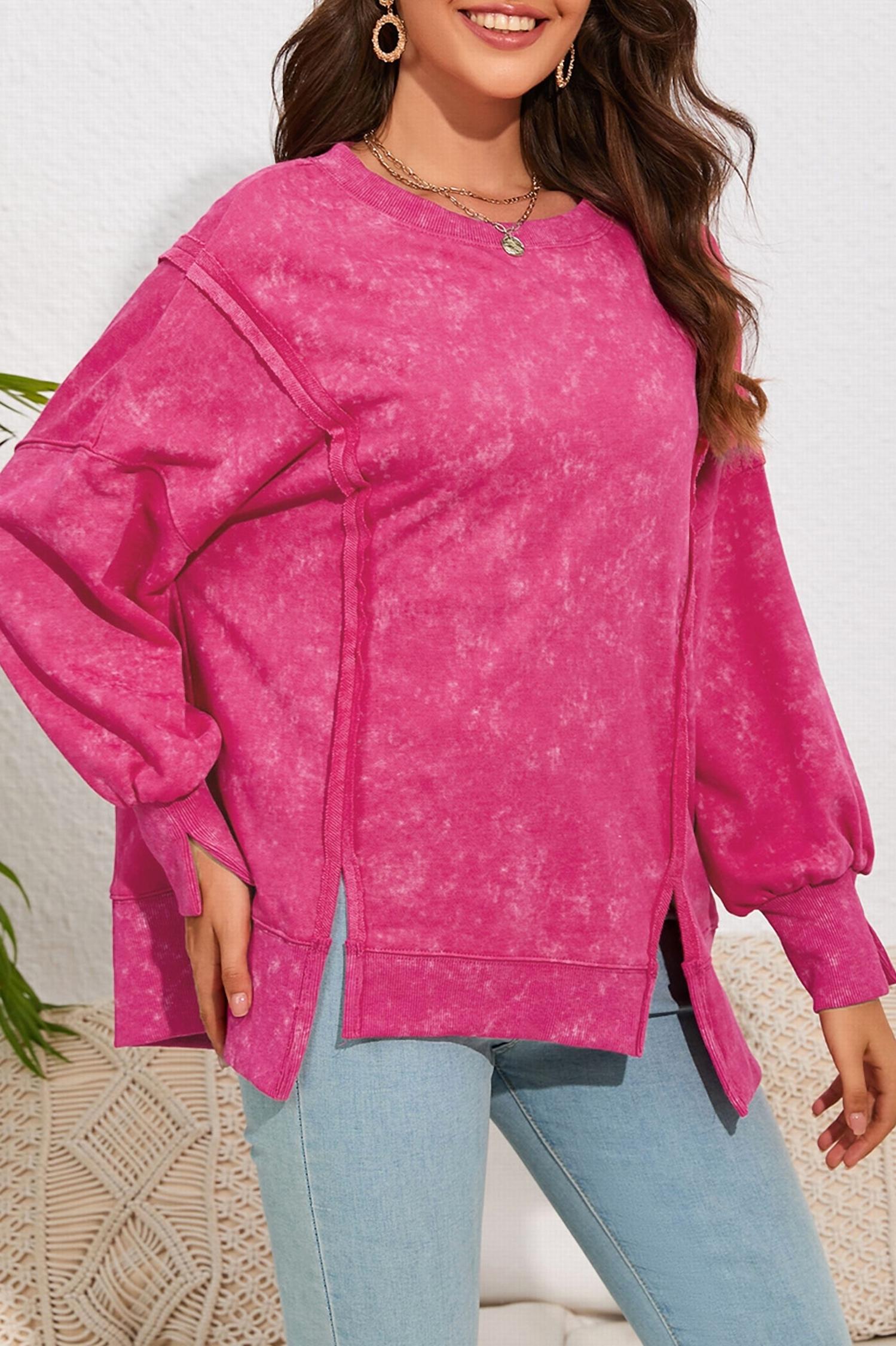 Shiying Fashion - Acid Wash Relaxed Fit Seamed Pullover Sweatshirt with Slits
