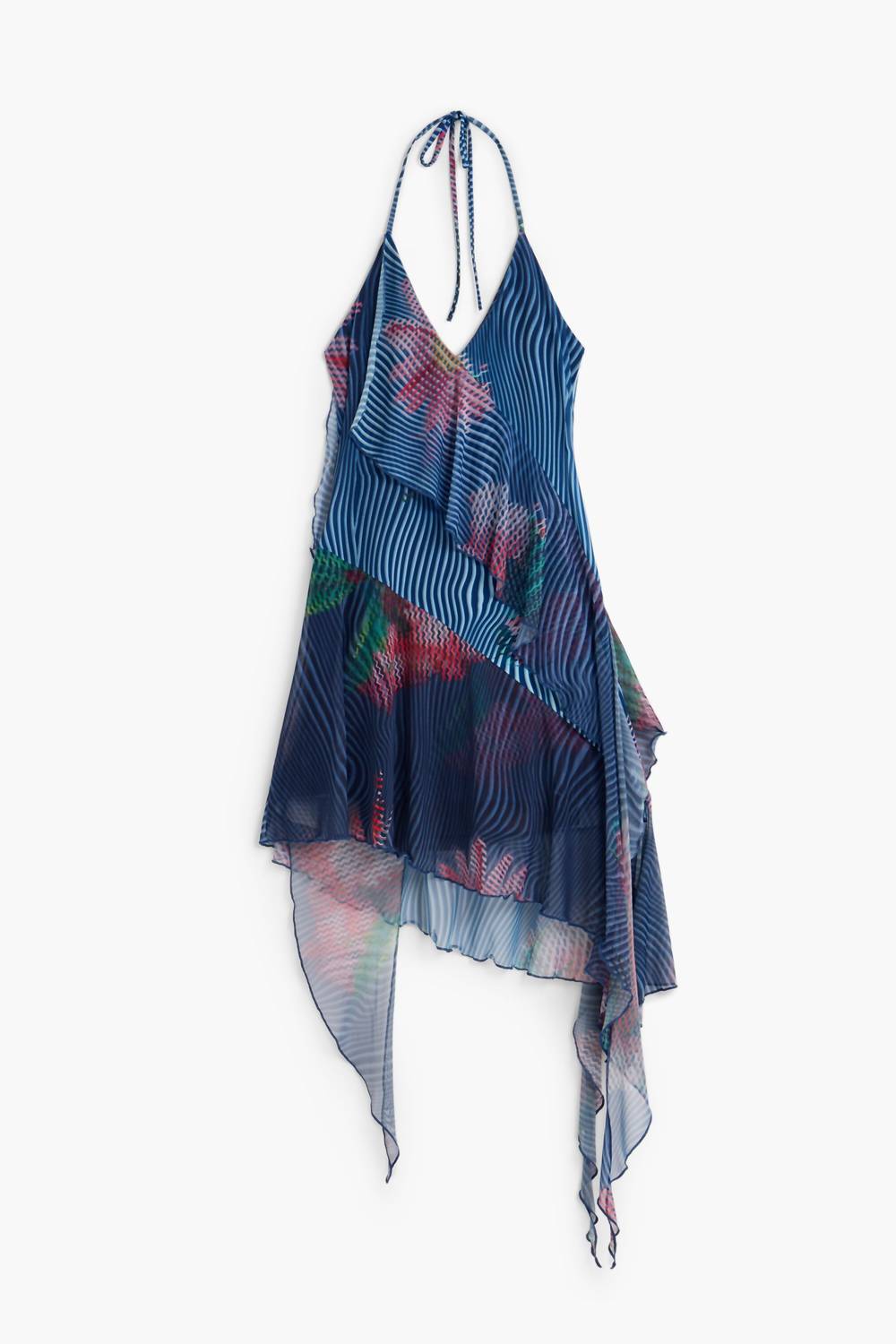 Desigual Pixelated Ruffle Mini Dress in blue multi - women's dress - alternate view