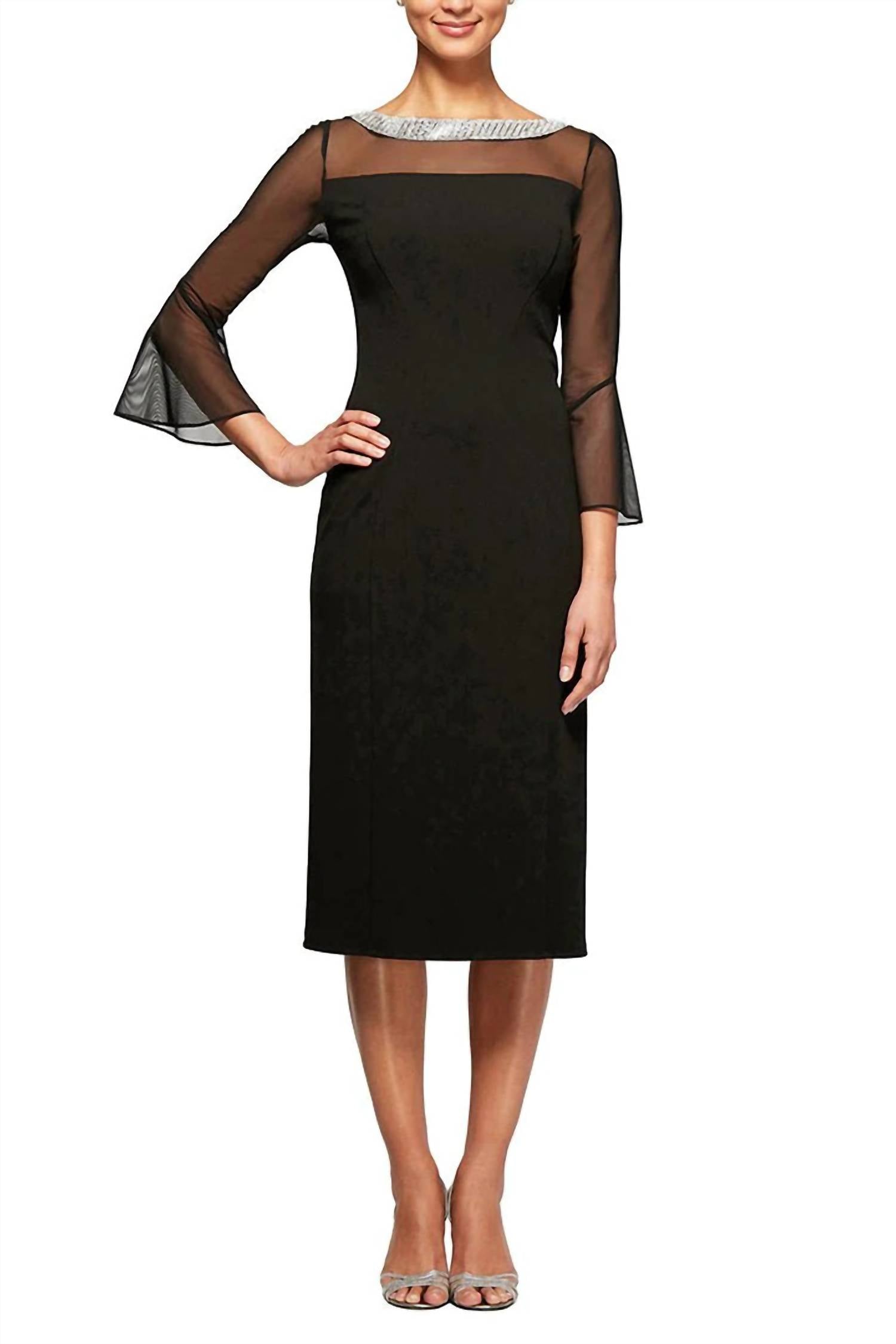 Alex Evenings - Embellished Boat Neck Bell Sleeves Midi Dress