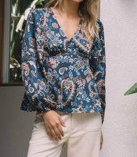 SKIES ARE BLUE Paisley Print V-neck Top in navy - women's blouse