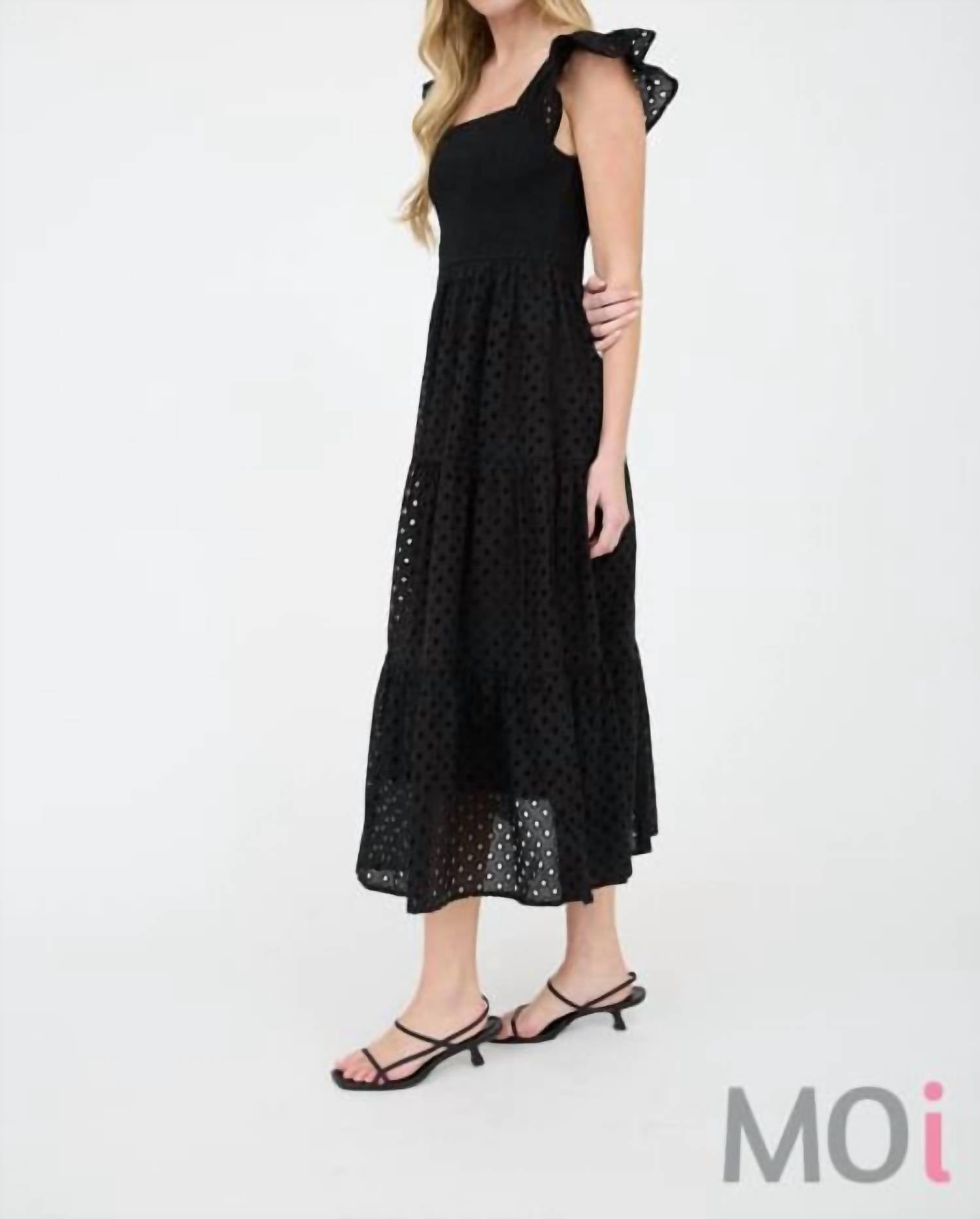 Mine - Eyelet Square Neck Smocked Tiered Midi Dress